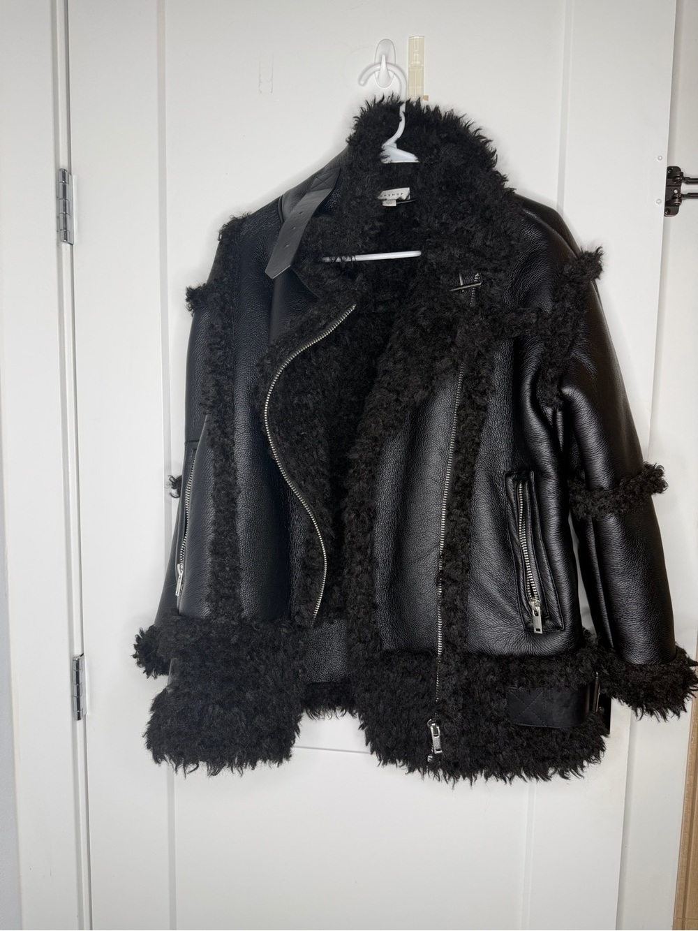 Topshop Women’s Black Faux Shearling Moto Jacket